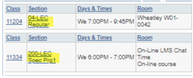 class times with 04-LEC Regular and 200-LEC Spec Prg1 sections highlighted