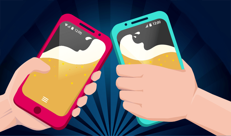 Two hands hold transparent cellphones filled with swirling cider, toasting in celebration