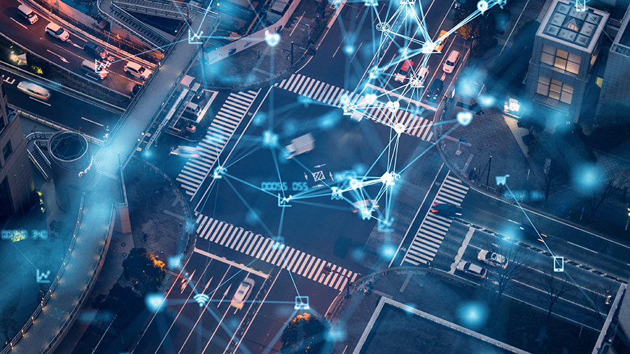 Image of networked AI and vehicles on a grid